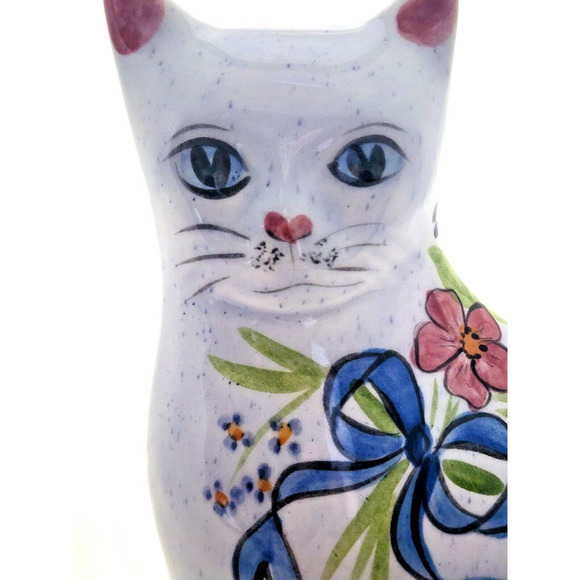 CERAMIC SITTING CAT-N.S. GUSTIN CO.-White-Floral-Shelf Decor-Hand Decorated - Picture 3 of 12